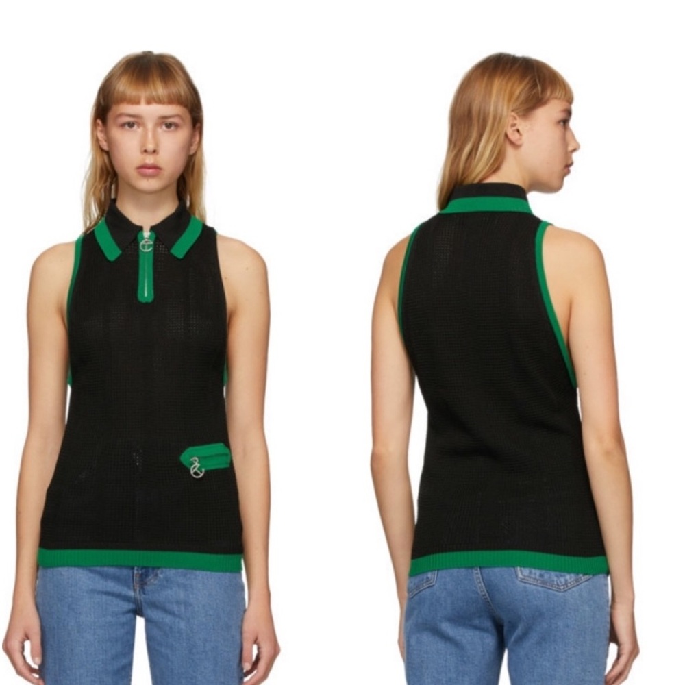 Telfar Sleeveless Raglan Knitted Zip Polo Black Green
